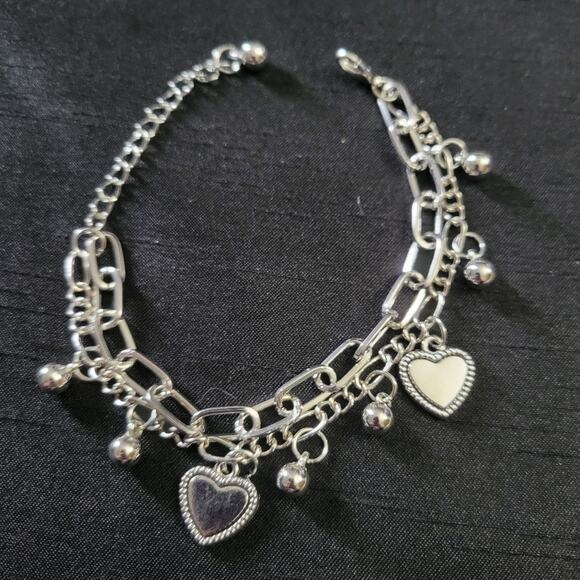 Silver Tone Layered Chain Bracelet With Heart Charms - Picture 2 of 2